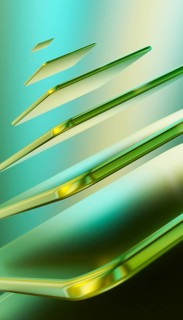 This 3D render features flowing abstract shapes in shades of green and gold, creating a dynamic and