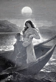 In the moonlight, couple in love in a boat on the lake at a full moon, 1895, illustration,