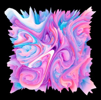 Dynamic pastel colors in swirling formations create a vibrant visual energy. The bursts of pink,