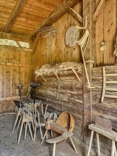 View into historic barn of in old smallholder weaver's house in old rebuilt restored smallholder's