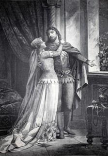 Lohengrin and Elsa on wedding evening, opera scene from the opera by Richard Wagner, 1891,