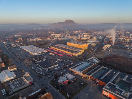 Aerial view of the industrial area of the city of Singen am Hohentwiel, after sunrise, the