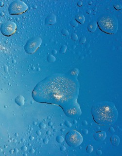 Vereiste Wassertropfen mit Eiskristallen auf Glasdach, Bayern, Deutschland