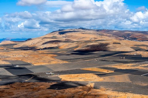 Dry volcanic landscape with fields, Lanzarote, Canary Islands, Spain