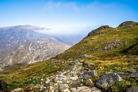 Pyg Track over Llyn Llydaw lake, Pen-y-Pass, mountain pass, Snowdonia, Gwynedd, north-west Wales,