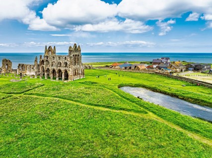 Whitby Abbey over River Esk from a drone, North Yorkshire, England, United Kingdom