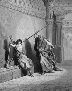 Saul throws the spear at David, David plays the harp, First Book of Samuel, chapter 18, verse 10,
