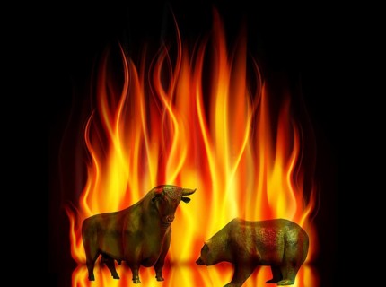 The stock market is burning, bull and bear in flames. Price fall, stock market crash, stocks, stock