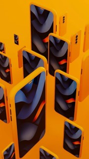 Many yellow frame smartphone exist with blue abstract art displayed on the screen. This creates a