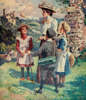 Outing of the governess with three children, nanny, explain, two young girls with apron, a boy with