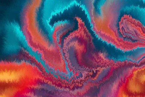 This vivid abstract image displays swirling, electric patterns in vibrant shades of blue, red, and