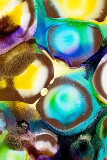 This image showcases a vibrant and textured pattern formed by various colorful inks, including
