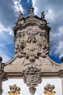 Clock tower of the castle church in the courtyard of the Ellingen Residence, Ellingen, Middle