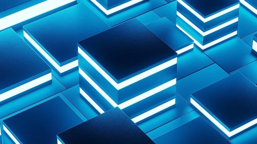 Abstract background design featuring a network of glowing geometric shapes in blue tones, creating