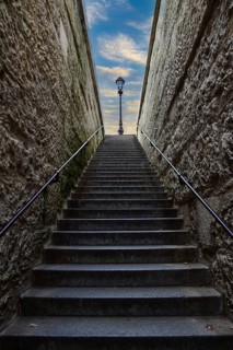 Lantern at the end of a staircase on Ile de la Cité in Paris, France