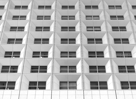 Detailed view of the façade of the Grand Arche, black and white, La Défence, office center, Paris,