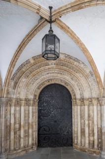 Ribbed vault and entrance decorated with magnificent stone carvings to the medieval Temple Church,