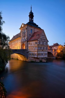 Upper Bridge, Old Town Hall, Regnitz, historic old town, blue hour, evening mood, Bamberg, Upper