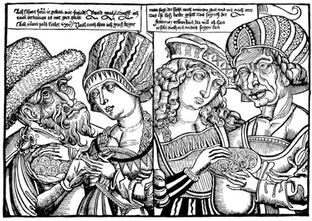 Historischer Holzschnitt aus dem Mittelalter, das ungleiche Liebespaar, der reiche, alte Mann und