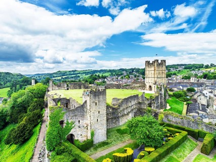 Richmond Castle from a drone, Richmond, Yorkshire Dales, North Yorkshire, England, United Kingdom