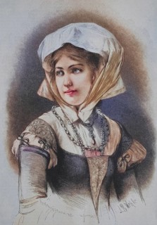 German burgher girl from the 16th century with headscarf and dress, elegant, Germany, around 1885,