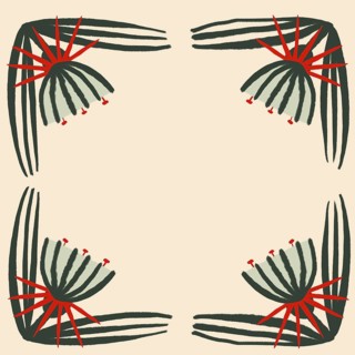 Artistic illustration featuring a symmetrical floral design with earthy green and red accents,