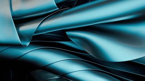 A dynamic composition of fluid, metallic blue waves creates an abstract and modern background in 3D