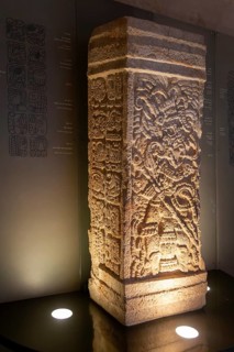 Stela of a ruler dressed as warrior dated 749 AD from Xcocha, museum of Mayan Archaeology, Campeche