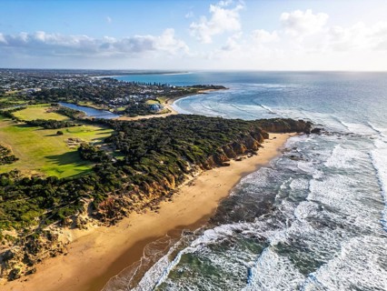 Aerial view of a coastal landscape showcasing a sandy beach, ocean waves, and lush greenery in the