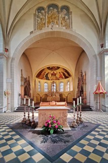 Interior facing east with chancel in unstructured semi-dome above the apse, St Castor's Basilica,