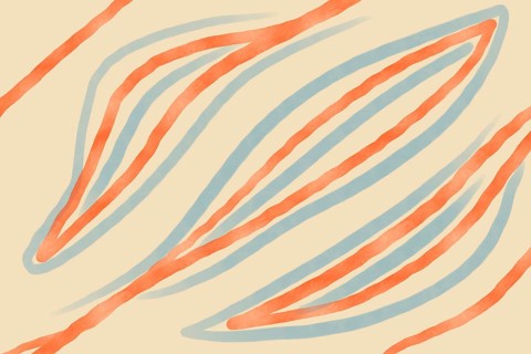 Abstract art featuring wavy, hand-drawn lines of orange and blue. The soft beige backdrop
