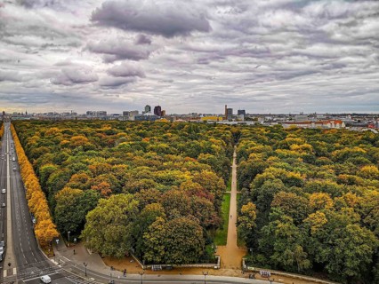 The city of Berlin in autumn with extensive forest and dramatic sky in the background, view from