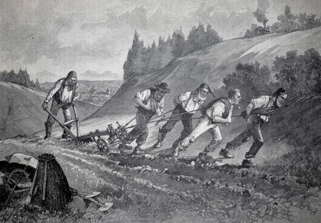 Farming in Entlebuch in Switzerland, 1882, men doing heavy physical work such as drawing a plough,