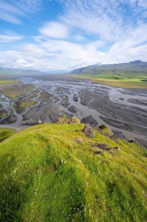 View from a hill, view over alluvial land, meandering river, Dímonarhellir, Suðurland, Iceland