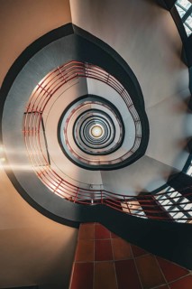 View through the centre of a spiral staircase, modern architecture, SPRINKENHOF, Hamburg, Germany
