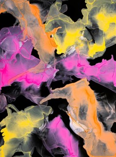 Luminous abstract art featuring splashes of neon pink, yellow, and orange on a dark background,