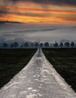 Bike path R1 near Wesertal, Weser Uplands, Weserbergland, Hesse, Germany, sunset over Wahmbeck,