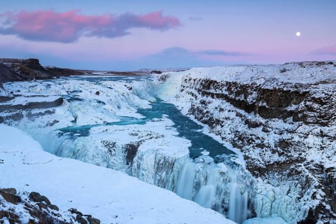 Gullfoss, Hvítá river waterfall, ice, frost, snow, winter, sunset, moon, Haukadalur, Iceland,