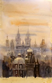 Prague in the Fog, Painting by Adolf Hitler (1889-1945), Historical, digitally restored