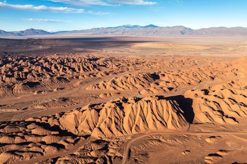Aerial view of Devil's Desert in Salta, Argentina, revealing intricate eroded formations and