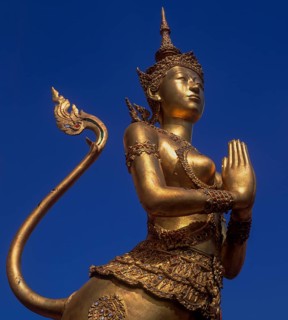 Wat Phra Kaeo, Temple of the Emerald Buddha, gilded statues of mythological creatures of the
