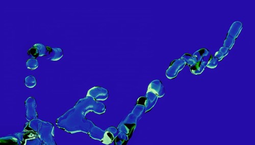 This digital artwork features abstract 3D liquid shapes swirling dynamically against a striking