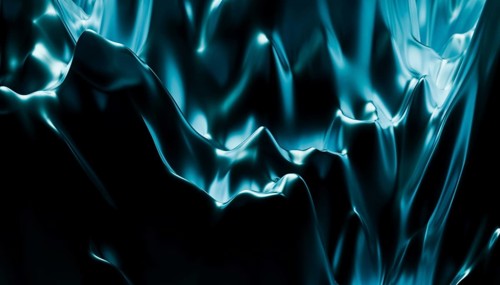 This image features a 3D render illustration of deep blue silky, fluid like waves with a dynamic