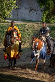 Knight performers on horses, participants, Medieval Week, Hanseatic city of Visby, UNESCO World