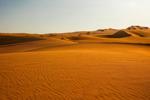 The image captures the warm golden hues and tranquil undulating sands of the Huacachina Desert at