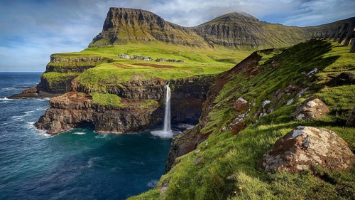 The waterfall with view of Mulafossur, Faroe Islands, Denmark, Faroe Islands, Denmark