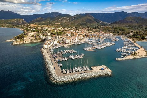 Marina and old town of Saint-Florent seen from above, Corsica, France