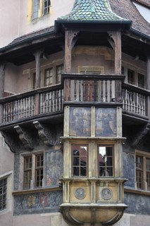 Balcony of the medieval house Maison Pfister at Colmar, Alsace, France