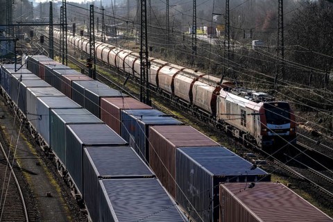 Container trains in the freight yard, so-called installation tracks in Duisburg-Rheinhausen,