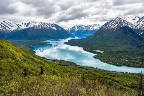View of snowy mountains and turquoise lake Kenai Lake, Slaughter Ridge Trail, Cooper Landing, Kenai